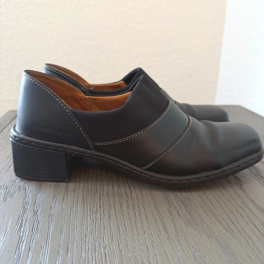 Josef Seibel Black Leather Square Toe Block Heel Comfort Loafers Shoes EU 37